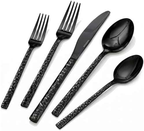 20 Piece Black Silverware Set,18/10 Stainless Steel Hammered Flatware