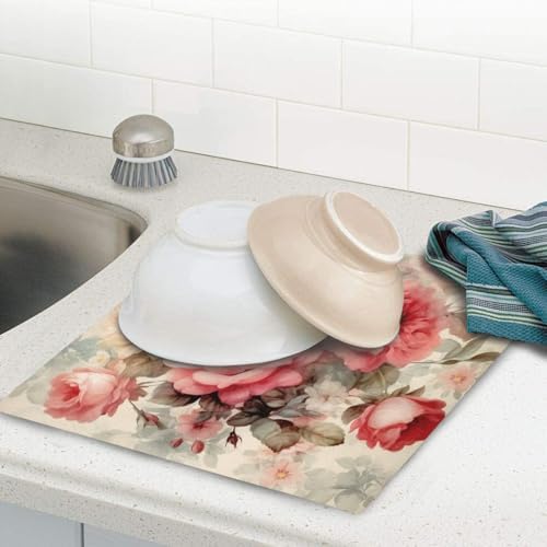 Dish Drying Mat Retro Rose Pattern Absorbent Microfiber Dish Dying Pat