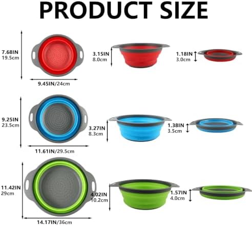 Collapsible Colander Set, 3 Pack Silicone Kitchen Strainer Set, Space