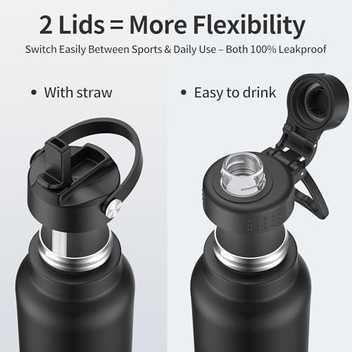 40 oz Insulated Water Bottle 2 Lids Stainless Steel Vacuum Flask