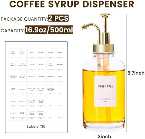 2 Pack 16.9 oz Glass Coffee Syrup Dispenser with Gold Plastic Pumps