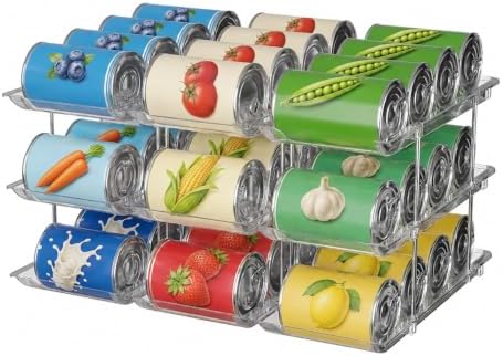 Can Organizer For Pantry, Adjustable Height And Width Canned Goods Organizer, Roller Soup Can Organizer Holds Up to 36 Cans for Kitchen Cabinet or Refrigerator(CLear 3 Tier)