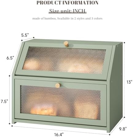 STDDRE Bread Box for Kitchen Countertop Bin Double Layer Bread Box Storage Container Extra Large Capacity Farmhouse with Diamond Pattern Windows (Green, Large)