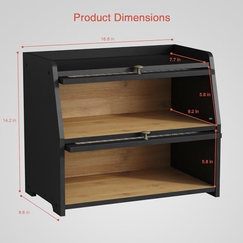 Goozii Large Bread Box for Kitchen Countertop, Black Bread Storage Container for Homemade Bread, Double Layer Farmhouse Breadbox Organizer for Kitchen Counter Cabinet, Pantry, Cupboard (Black)