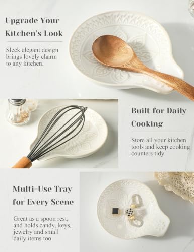 Glazed White Spoon Rest for Stove Top, Ceramic Spoon Holder for