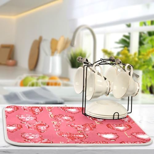 OTVEE Cute Pixel Hearts Galore Dish Drying Mat for Kitchen Counter