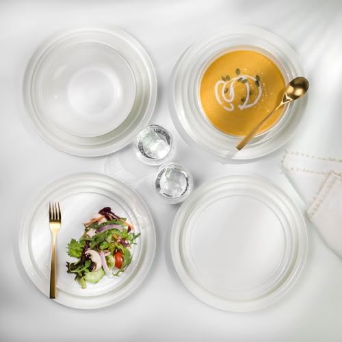 Lafayette St. Fine Bone China 12 Piece Dinnerware Set, Service For 4; Elegant Lightweight Ivory White Plates & Bowls with a Gloss Finish; Microwave & Dishwasher Safe