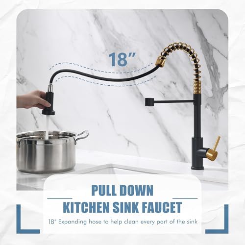 GIMILI Black and Gold Pull-Down Kitchen Faucet