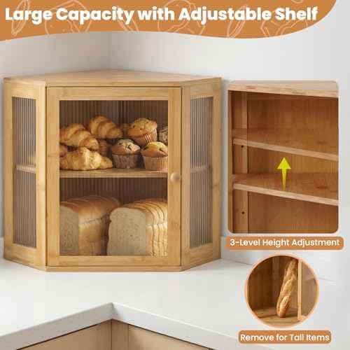 Corner Bread Box for Kitchen Countertop: Bamboo Storage Container for Homemade Bread, Two Layer Breadbox under Cabinet Mount, Large Bread Holder for Kitchen Counter, Pantry Shelf