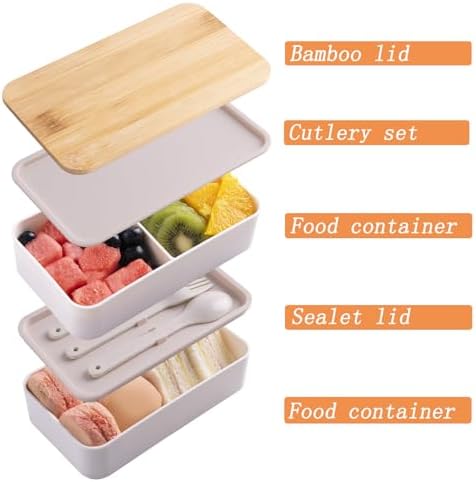 Japanese Bamboo Bento Box with Compartments and Utensils, Beige