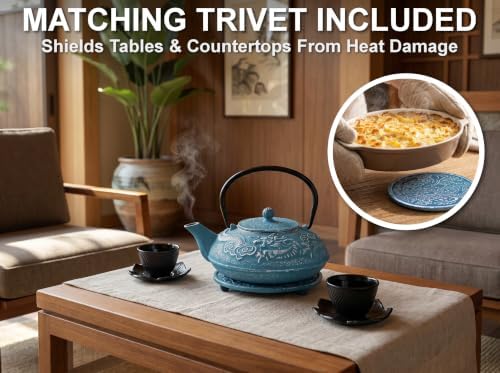 40 Oz Blue Dragon Cast Iron Teapot, Enamel Interior, Infuser & Trivet
