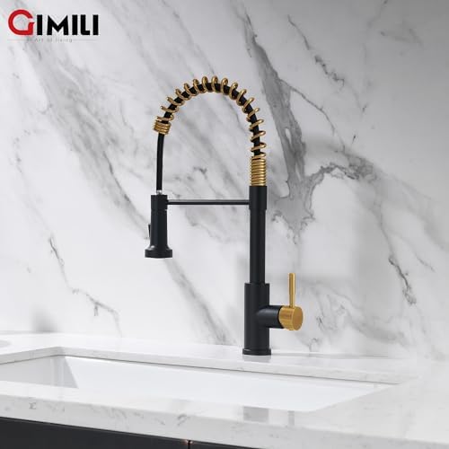 GIMILI Black and Gold Pull-Down Kitchen Faucet