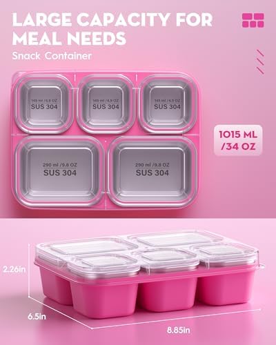 BiuLeon Snackle Box Containers, Stainless Steel 5 Compartments Divided