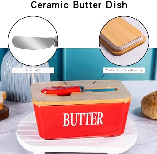 Red Butter Dish with Lid for Countertop, Large Ceramic Covered Butter