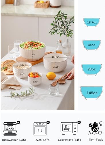 Mikiegy Ceramic Mixing Bowls Set of 4, Nesting Ceramic Embossment