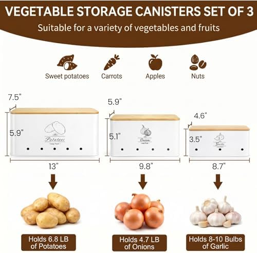 Kitchen Vegetable Storage Tins Set of 3, Potato Storage Bins