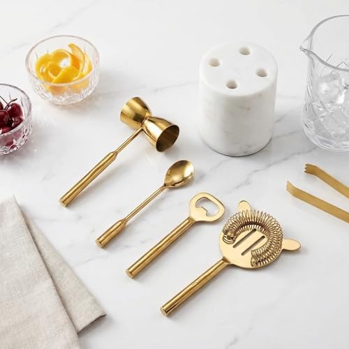 5-Piece Gold & Marble Bartender Kit with Stand, Stainless Steel Bar