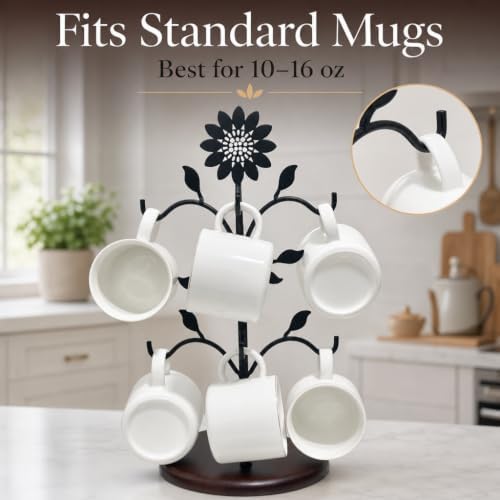 WARMEST SPIRIT Sunflower Coffee Mug Tree, Decorative 6-Hook Black