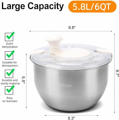 Stainless Steel Salad Spinner, 6L Salad Spinner, Lettuce Spinner