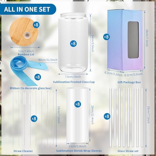 16oz Clear Sublimation Glass Tumbler with Bamboo Lid & Straw, 8-Pack