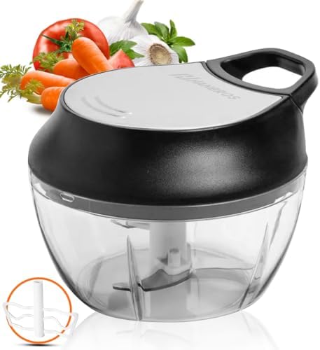 Manual Food Processor Vegetable Chopper, Portable Hand Pull String Garlic Mincer Onion Cutter for Veggies, Ginger, Fruits, Nuts, Herbs, etc., 2 Cup With Egg Batter and Garlic Peeler, W1031-1