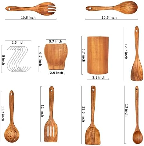 Wooden Spoons for Cooking, 9Pcs Natural Teak Wooden Utensils for