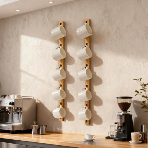 2PCS Wooden Wall Mounted Cup Holder,Coffee Cups Organized Ideal for