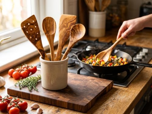 OLIVIKOTM 100% Olive Wood HANDMADE 5 Spoon Set | Ideal for Nonstick