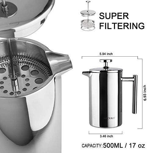 Secura French Press with 4 Replacement Screens, 17 Ounces