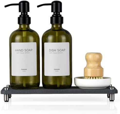 2 Pack Kitchen Soap Dispenser Set, 16oz Green Glass