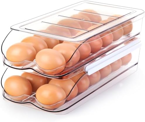 RoskDeewat 2-Tier Egg Holder for Fridge, Automatic Rolling