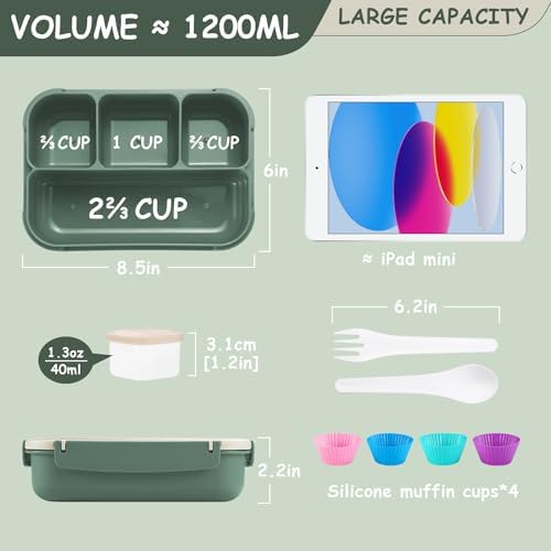 QQKO 1200 ML Bento Box with 4 Compartments, Green