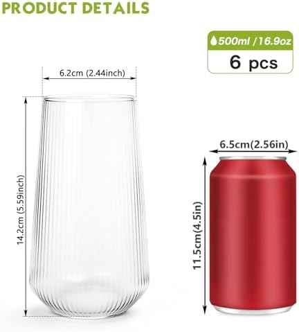 Greentainer Borosilicate Drinking Glasses Set of 6, 16 oz Clear Ribbed