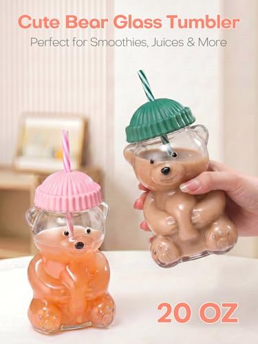 20oz Bear Glass Cup with Lid &Straw 2 Pack, Reusable Glass Drinking