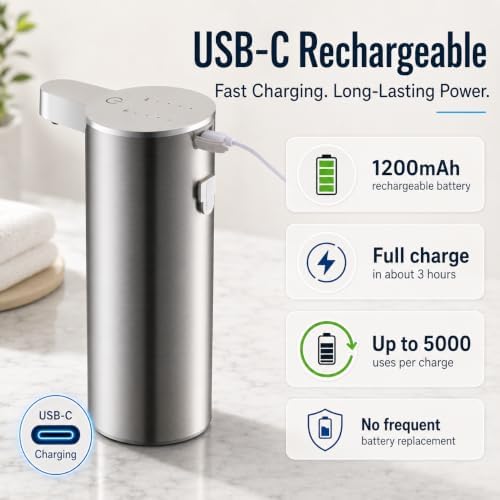 Automatic Foaming Hand Soap Dispenser, Rechargeable Stainless Steel