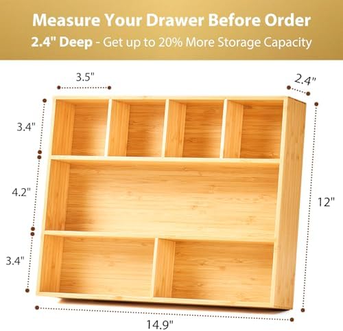 Umilife Large Bamboo Desk Drawer Organizer, Wood Office Junk Tray