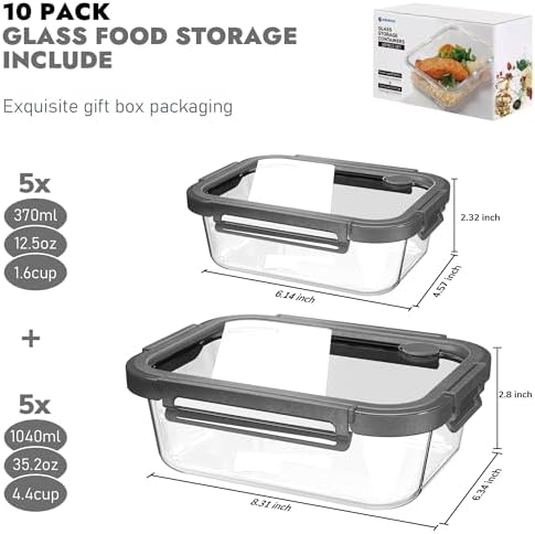 10-Pack Borosilicate Glass Food Storage Containers with Lids