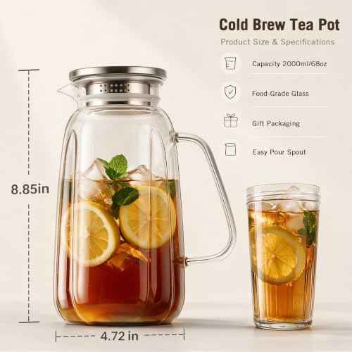 2 Pack Glass Pitcher with Lid and Handle for Fridge, Iced Tea and