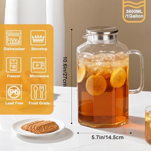 1 Gallon 128oz Octagon Glass Water Pitcher with Lid and Spout, Water