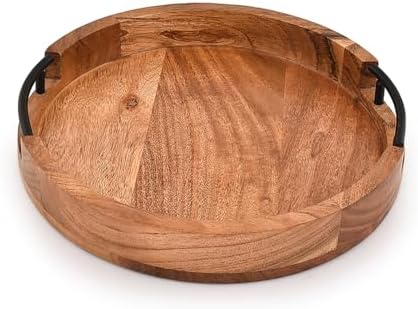 Tray Acacia Wood Round Serving Tray with Iron Handles for Coffee Table