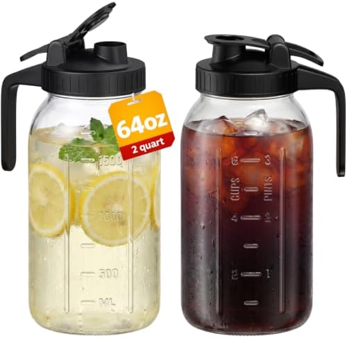 Mason Jar Pitcher Set of 2, 64oz (2quart) Glass Pitcher with Lid for