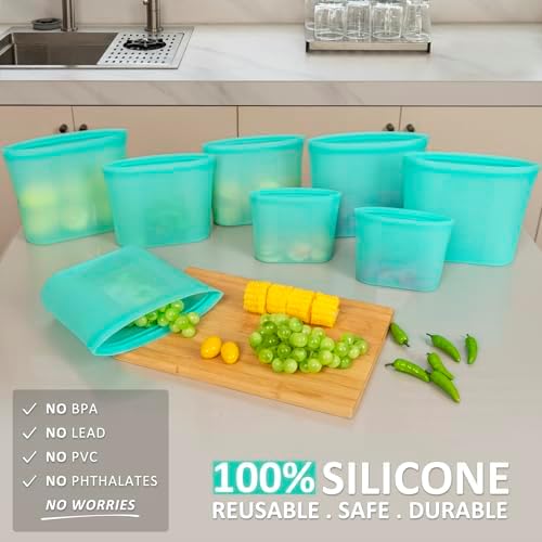 Reusable Food Bags, 8 Pack 100% Silicone Food Storage Bags Stand Up