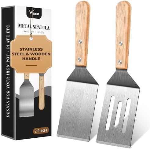 Stainless Steel Spatula Set, 2 pcs for Cast Iron Skillet with Wooden