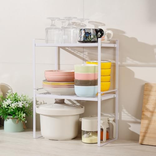 MiaLi Cabinet Organizer Shelf, Set of 2 Metal Counter Shelves Spice Rack, Stackable Kitchen Bathroom Organizers and Storage, White