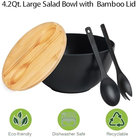 10" Large Salad Serving Bowl with Utensils in Lid, Bamboo Fiber Salad