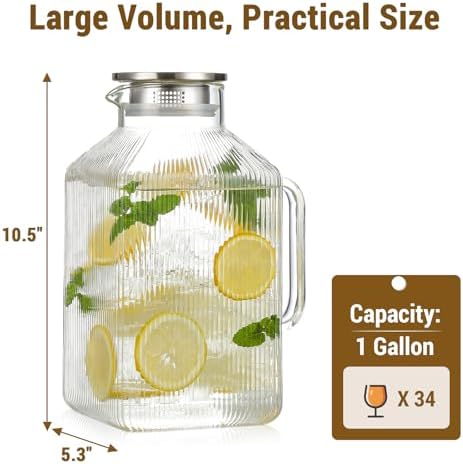 1 Gallon Square Classic Stripes Glass Pitcher with Lid, Pitchers for