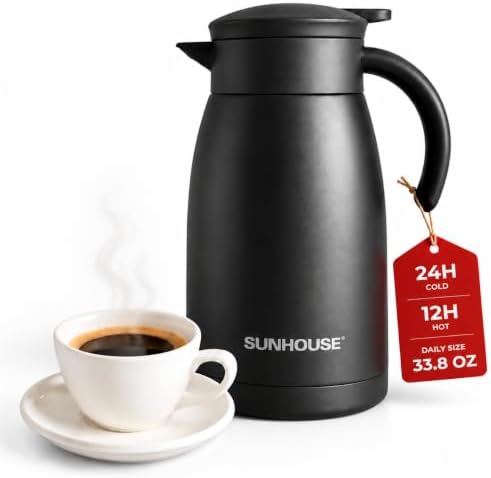 SUNHOUSE 34 Oz Thermal Coffee Carafe Insulated Stainless Steel Thermos