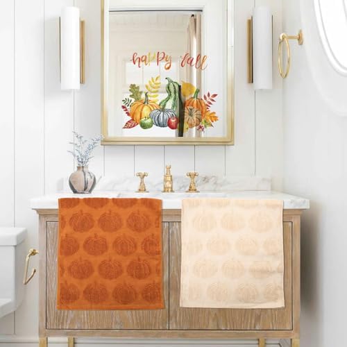 Whaline 3 Pcs Fall Hand Towel Beige Orange Brown 3D Pumpkin Jacquard