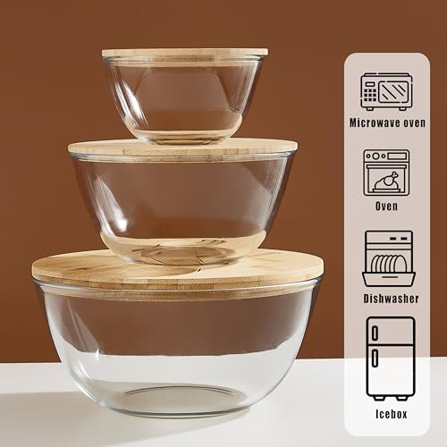 Glass Mixing Bowls with Bamboo Lids, 3 Packs Glass Bowls with Lids