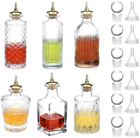 QWORK Glass Bitters Bottle Set of 6 – Zinc Alloy Dash Tops for Home